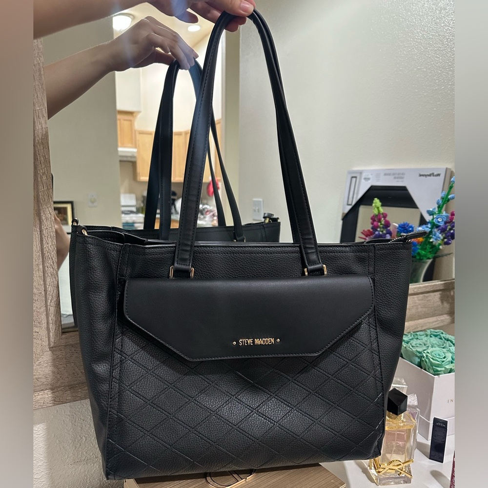 Steve Madden Black Quilted Tote with Gold Accents